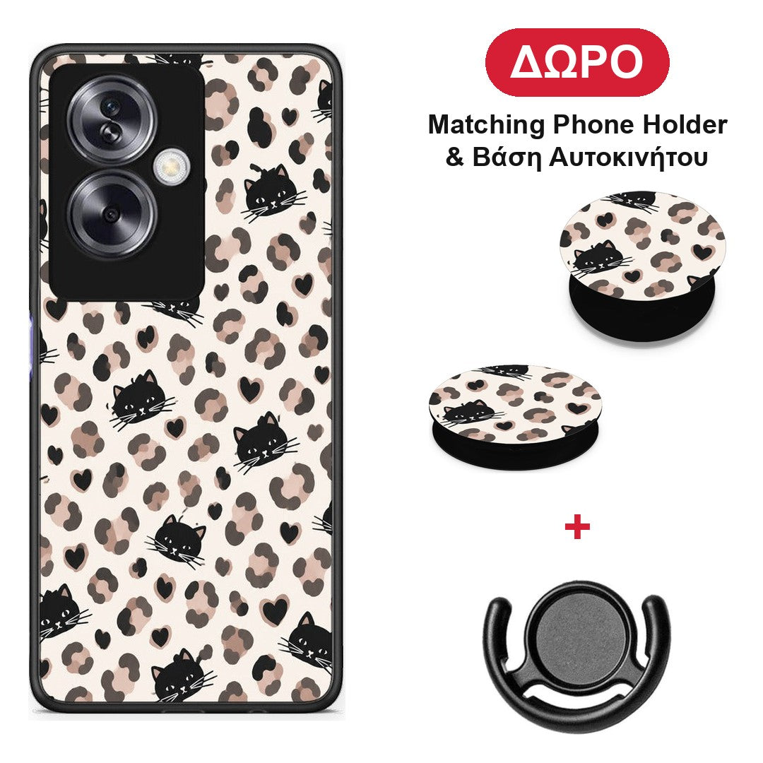 Leopard Spots and Black Cats on Cream - Oppo A79 / A2 θήκη + Δώρο Phone Holder & Βάση Αυτοκινήτου