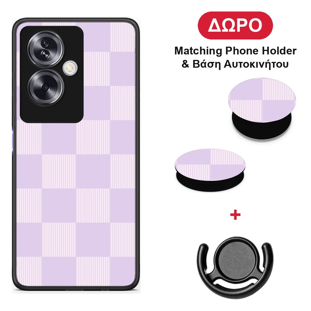 Lilac and Cream Striped Checks - Oppo A79 / A2 θήκη + Δώρο Phone Holder & Βάση Αυτοκινήτου