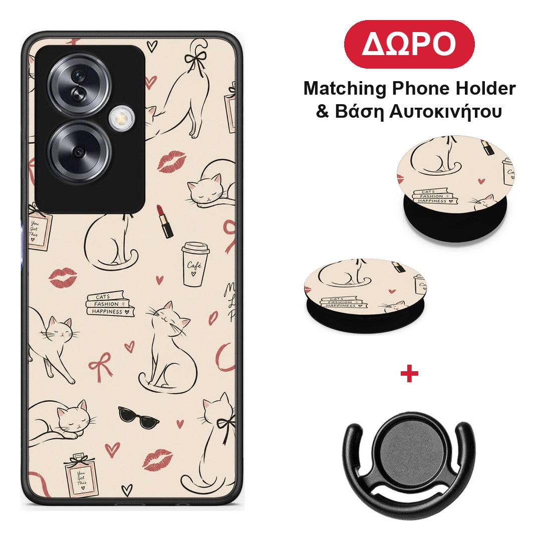 Minimal Cat and Fashion Doodles on Cream - Oppo A79 / A2 θήκη + Δώρο Phone Holder & Βάση Αυτοκινήτου