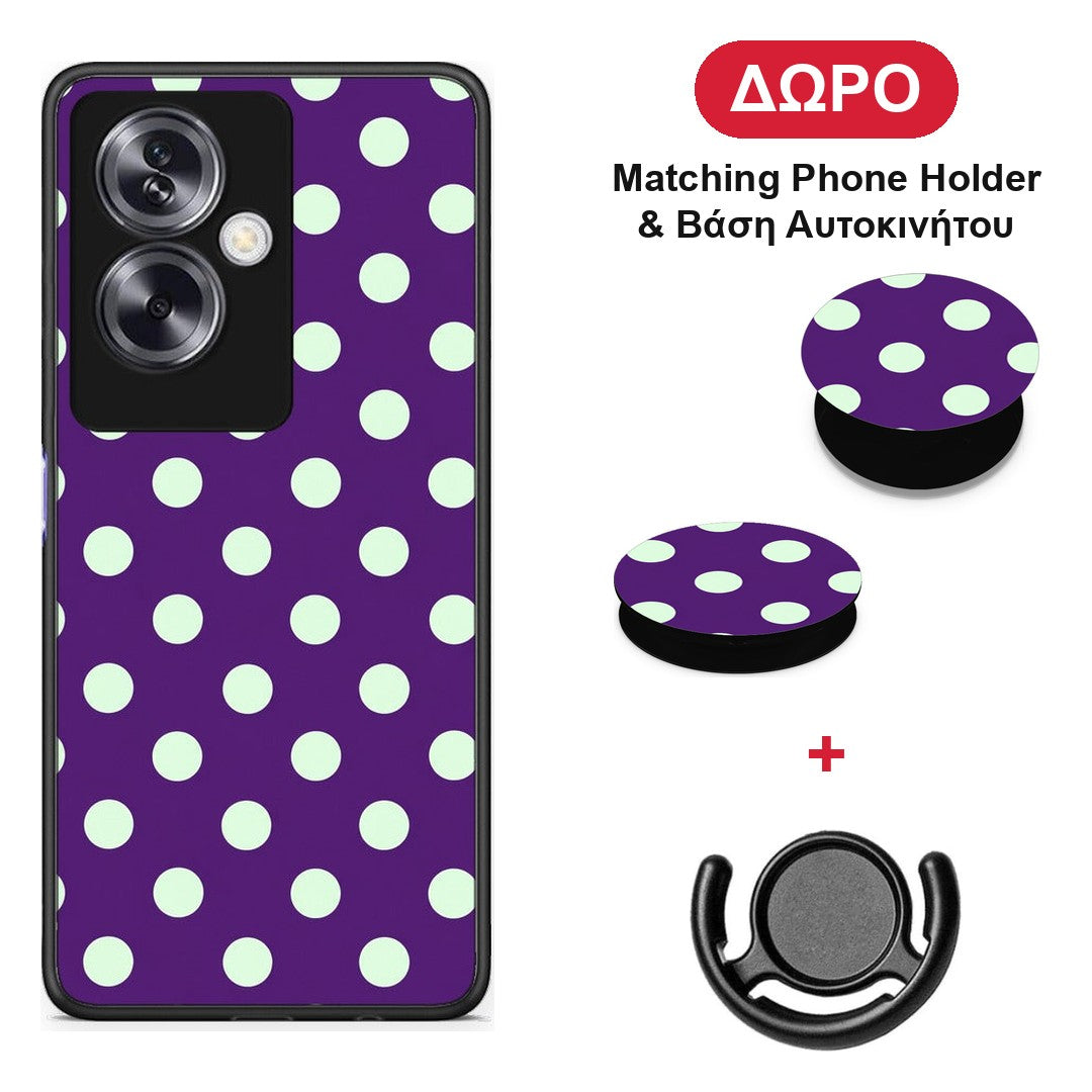 Mint Polka Dots on Purple - Oppo A79 / A2 θήκη + Δώρο Phone Holder & Βάση Αυτοκινήτου