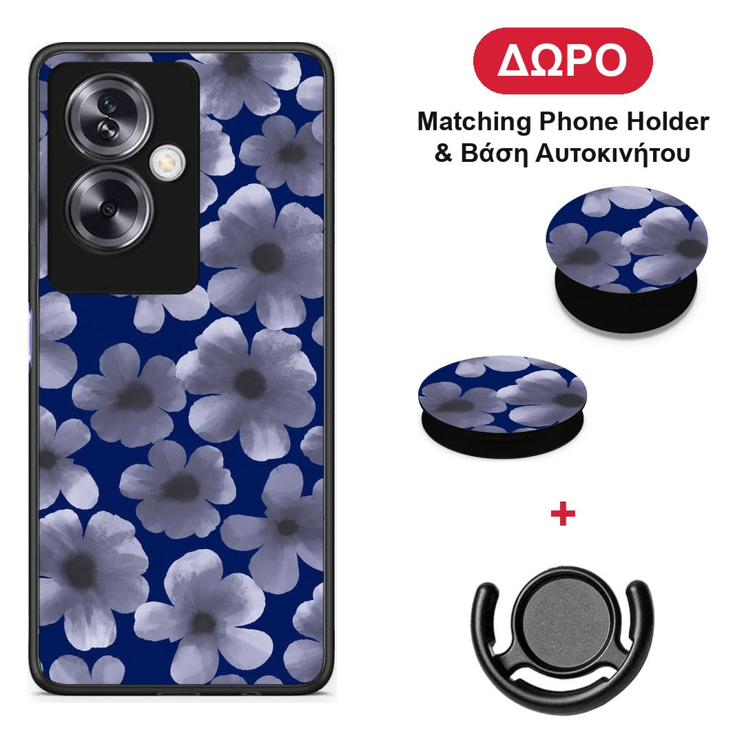 Pale Blue Flowers on Navy - Oppo A79 / A2 θήκη + Δώρο Phone Holder & Βάση Αυτοκινήτου