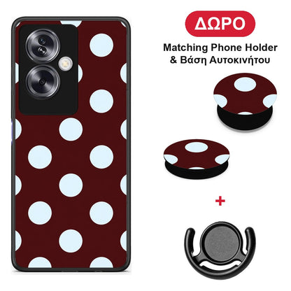 Pale Blue Large Polka Dots on Burgundy - Oppo A79 / A2 θήκη + Δώρο Phone Holder & Βάση Αυτοκινήτου