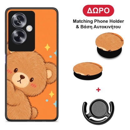 Peekaboo Teddy on Orange - Oppo A79 / A2 θήκη + Δώρο Phone Holder & Βάση Αυτοκινήτου