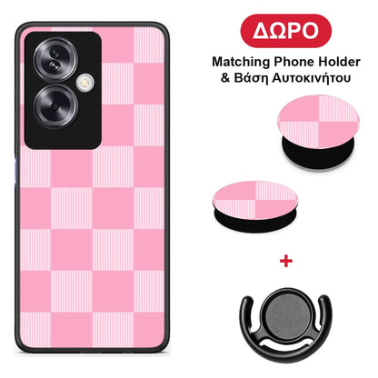 Pink and White Striped Checks - Oppo A79 / A2 θήκη + Δώρο Phone Holder & Βάση Αυτοκινήτου