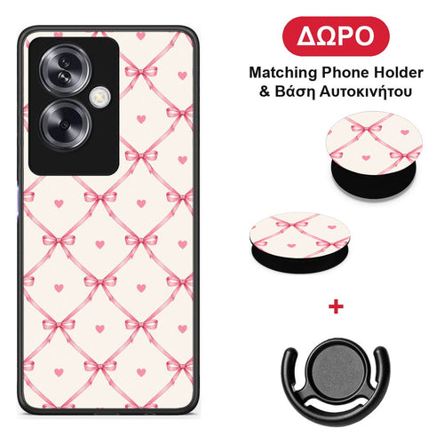 Pink Bow Lattice and Hearts on Cream - Oppo A79 / A2 θήκη + Δώρο Phone Holder & Βάση Αυτοκινήτου