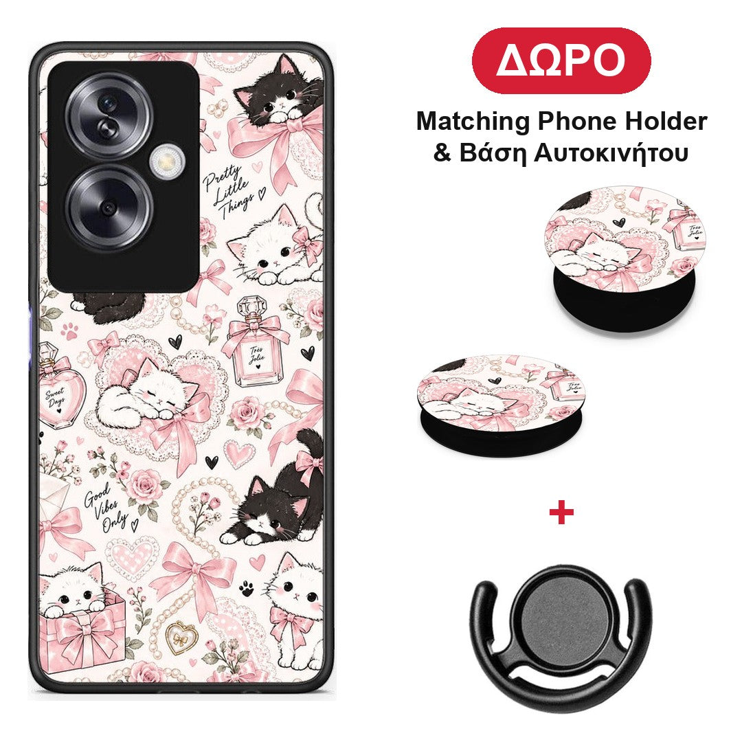 Pink Bows and Kittens Collage - Oppo A79 / A2 θήκη + Δώρο Phone Holder & Βάση Αυτοκινήτου