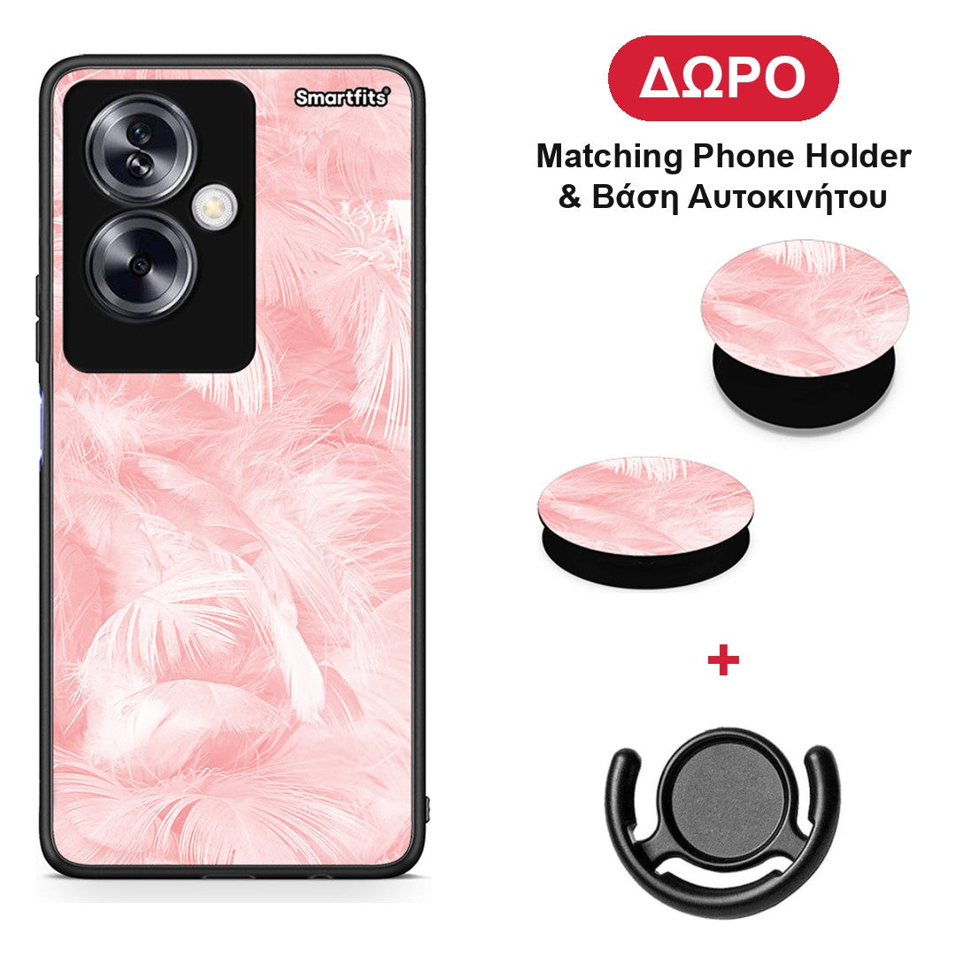 Boho Pink Feather - Oppo A79 / A2 θήκη + Δώρο Phone Holder & Βάση Αυτοκινήτου