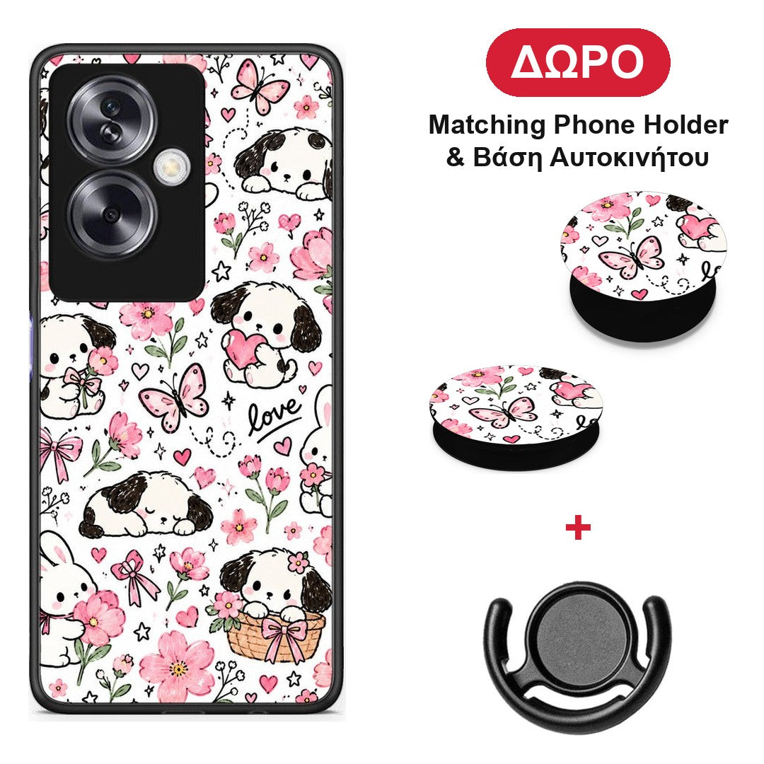 Pink Florals Puppies and Bunnies on White - Oppo A79 / A2 θήκη + Δώρο Phone Holder & Βάση Αυτοκινήτου