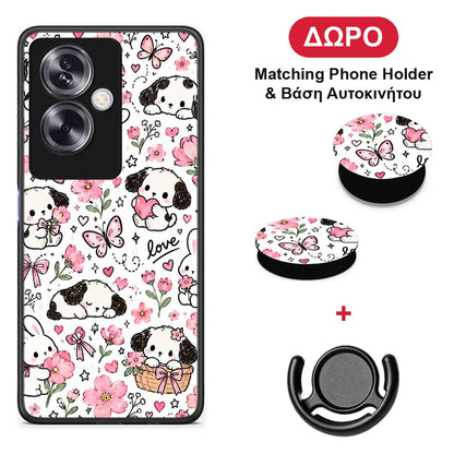 Pink Florals Puppies and Bunnies on White - Oppo A79 / A2 θήκη + Δώρο Phone Holder & Βάση Αυτοκινήτου