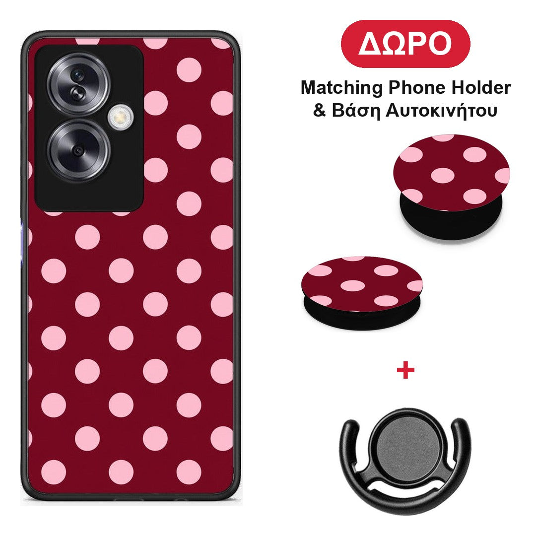 Pink Polka Dots on Burgundy - Oppo A79 / A2 θήκη + Δώρο Phone Holder & Βάση Αυτοκινήτου