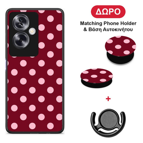 Pink Polka Dots on Burgundy - Oppo A79 / A2 θήκη + Δώρο Phone Holder & Βάση Αυτοκινήτου