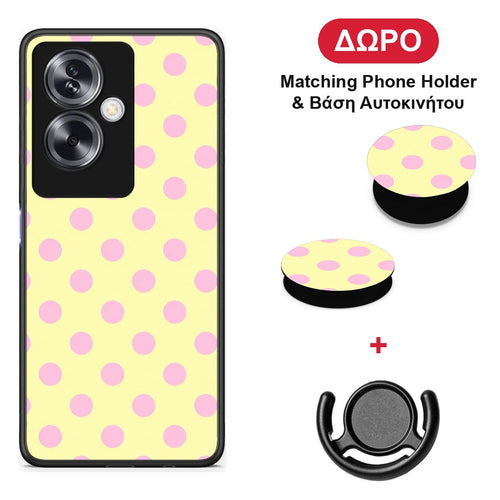 Pink Polka Dots on Yellow - Oppo A79 / A2 θήκη + Δώρο Phone Holder & Βάση Αυτοκινήτου
