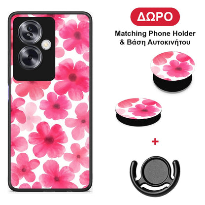 Pink Watercolour Flowers on White - Oppo A79 / A2 θήκη + Δώρο Phone Holder & Βάση Αυτοκινήτου