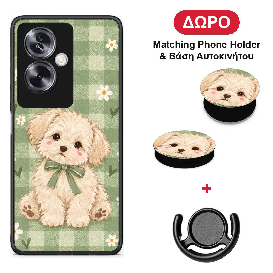 Puppy and Daisies on Sage Gingham - Oppo A79 / A2 θήκη + Δώρο Phone Holder & Βάση Αυτοκινήτου