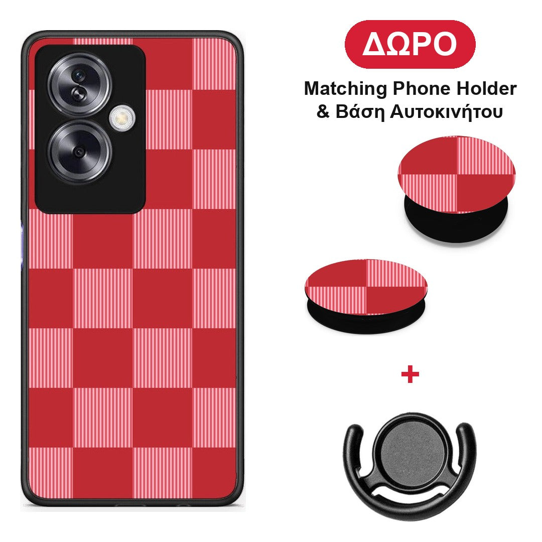 Red and Pink Striped Checks - Oppo A79 / A2 θήκη + Δώρο Phone Holder & Βάση Αυτοκινήτου