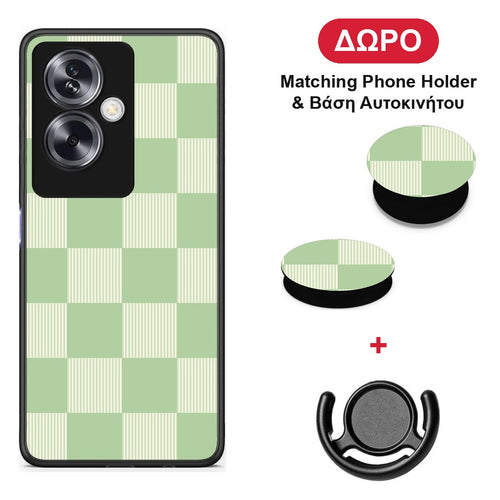 Sage and Cream Striped Checks - Oppo A79 / A2 θήκη + Δώρο Phone Holder & Βάση Αυτοκινήτου
