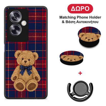 Teddy Bear on Red and Navy Tartan - Oppo A79 / A2 θήκη + Δώρο Phone Holder & Βάση Αυτοκινήτου