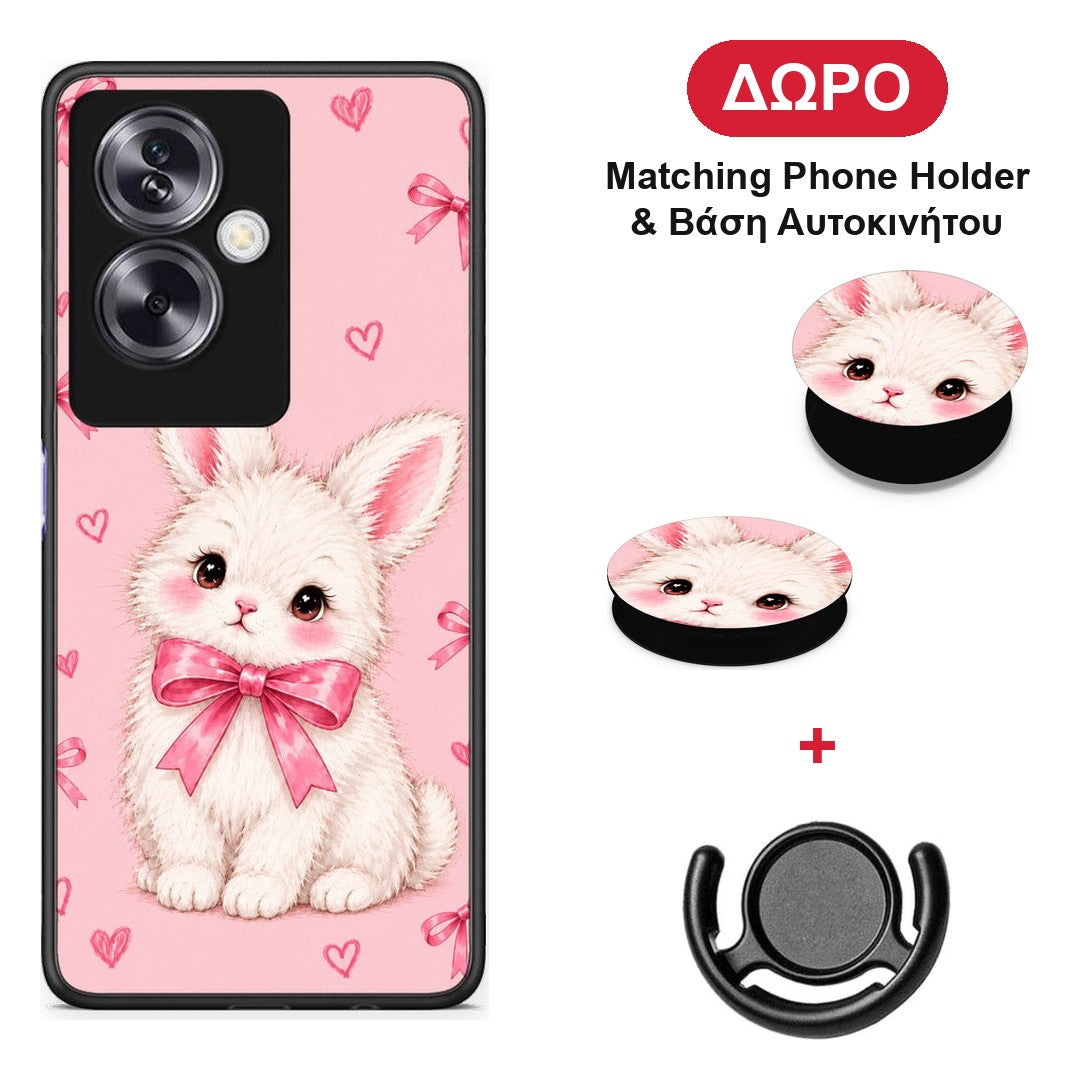 White Bunny and Pink Bows - Oppo A79 / A2 θήκη + Δώρο Phone Holder & Βάση Αυτοκινήτου