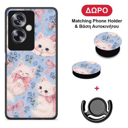 White Kittens and Blue Flowers Large - Oppo A79 / A2 θήκη + Δώρο Phone Holder & Βάση Αυτοκινήτου