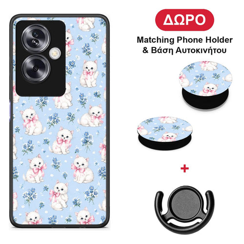 White Kittens and Blue Flowers Small - Oppo A79 / A2 θήκη + Δώρο Phone Holder & Βάση Αυτοκινήτου