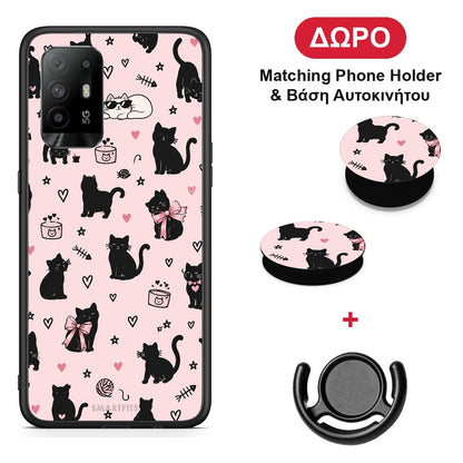 Black Cat Doodles on Pink - Oppo A94 5G / F19 Pro / Reno5 Lite θήκη + Δώρο Phone Holder & Βάση Αυτοκινήτου