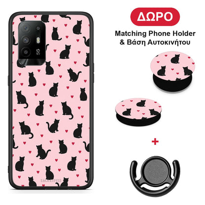 Black Cat Silhouettes and Hearts on Pink - Oppo A94 5G / F19 Pro / Reno5 Lite θήκη + Δώρο Phone Holder & Βάση Αυτοκινήτου