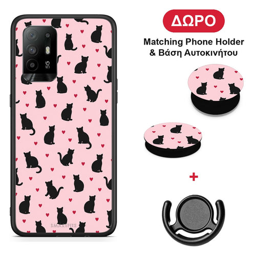 Black Cat Silhouettes and Hearts on Pink - Oppo A94 5G / F19 Pro / Reno5 Lite θήκη + Δώρο Phone Holder & Βάση Αυτοκινήτου