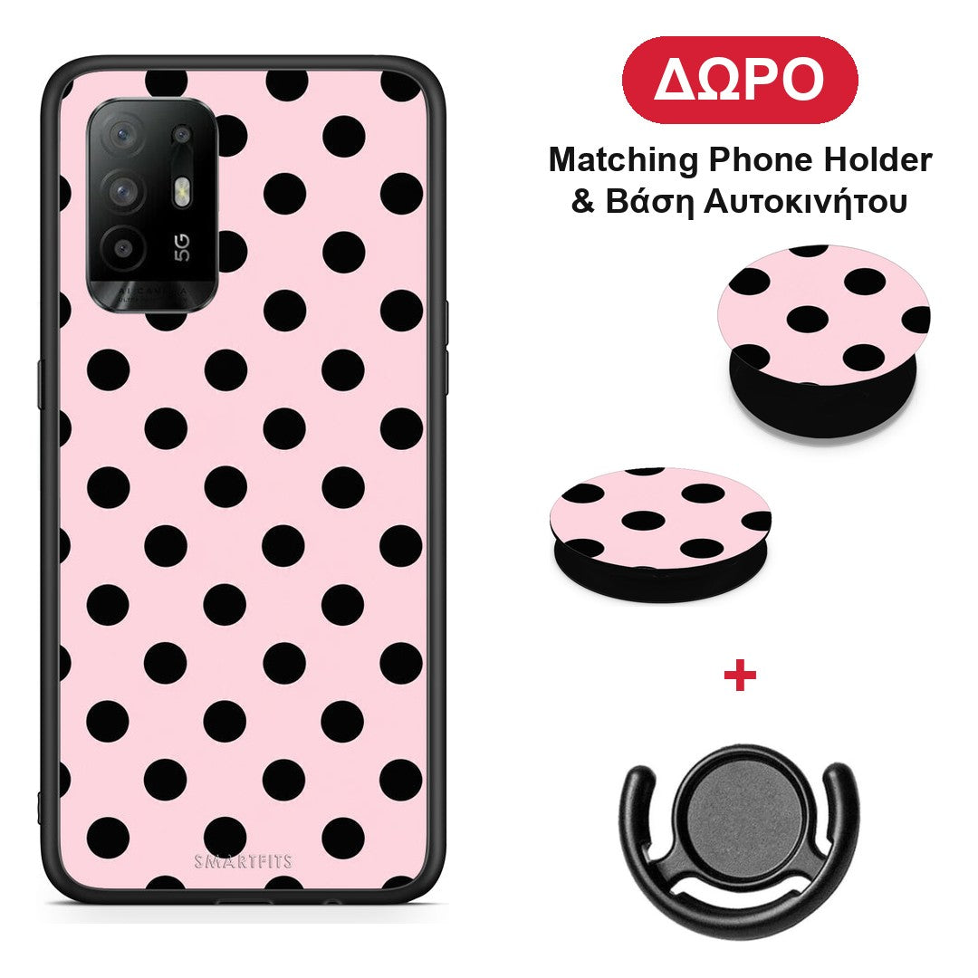 Black Polka Dots on Pink - Oppo A94 5G / F19 Pro / Reno5 Lite θήκη + Δώρο Phone Holder & Βάση Αυτοκινήτου