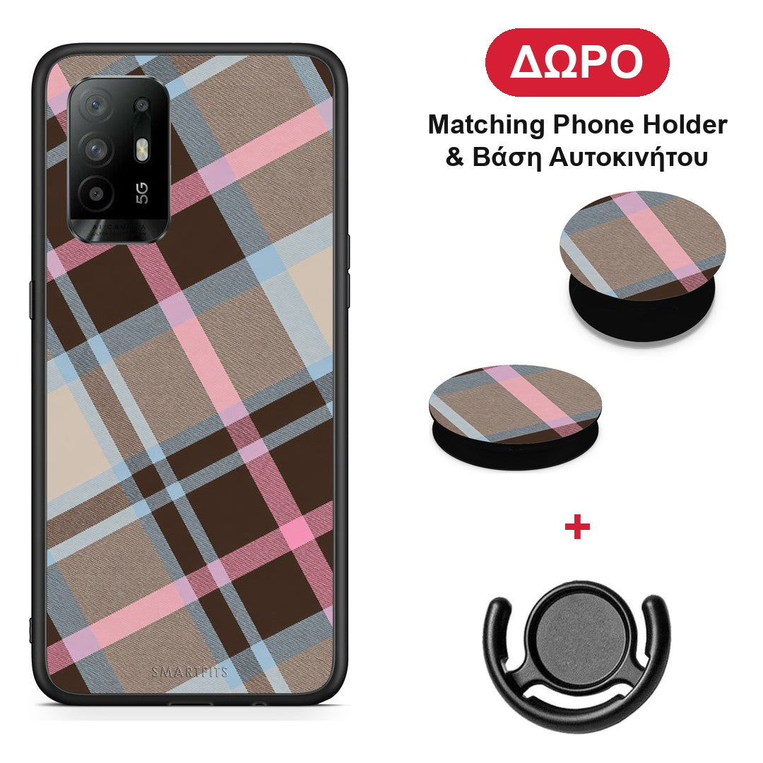 Brown Pink and Blue Diagonal Plaid - Oppo A94 5G / F19 Pro / Reno5 Lite θήκη + Δώρο Phone Holder & Βάση Αυτοκινήτου