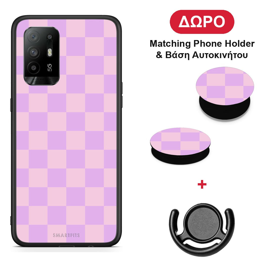 Lavender and Pink Checkerboard - Oppo A94 5G / F19 Pro / Reno5 Lite θήκη + Δώρο Phone Holder & Βάση Αυτοκινήτου