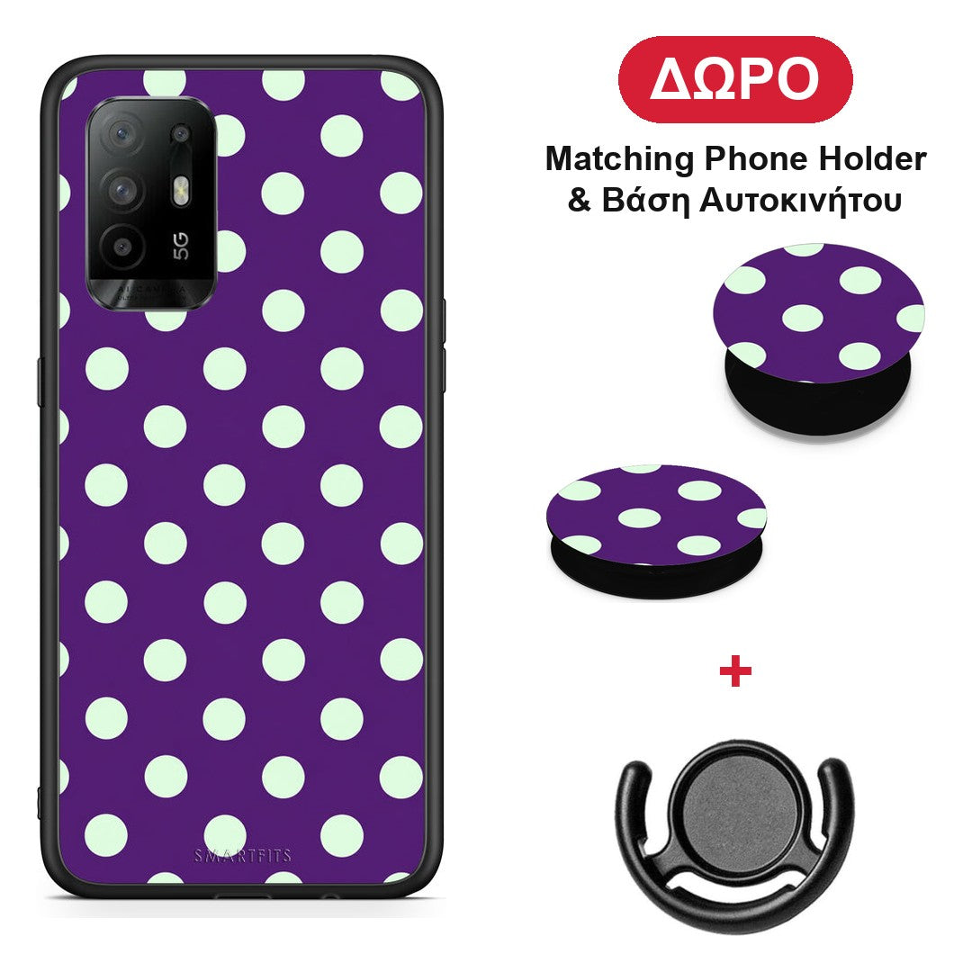 Mint Polka Dots on Purple - Oppo A94 5G / F19 Pro / Reno5 Lite θήκη + Δώρο Phone Holder & Βάση Αυτοκινήτου
