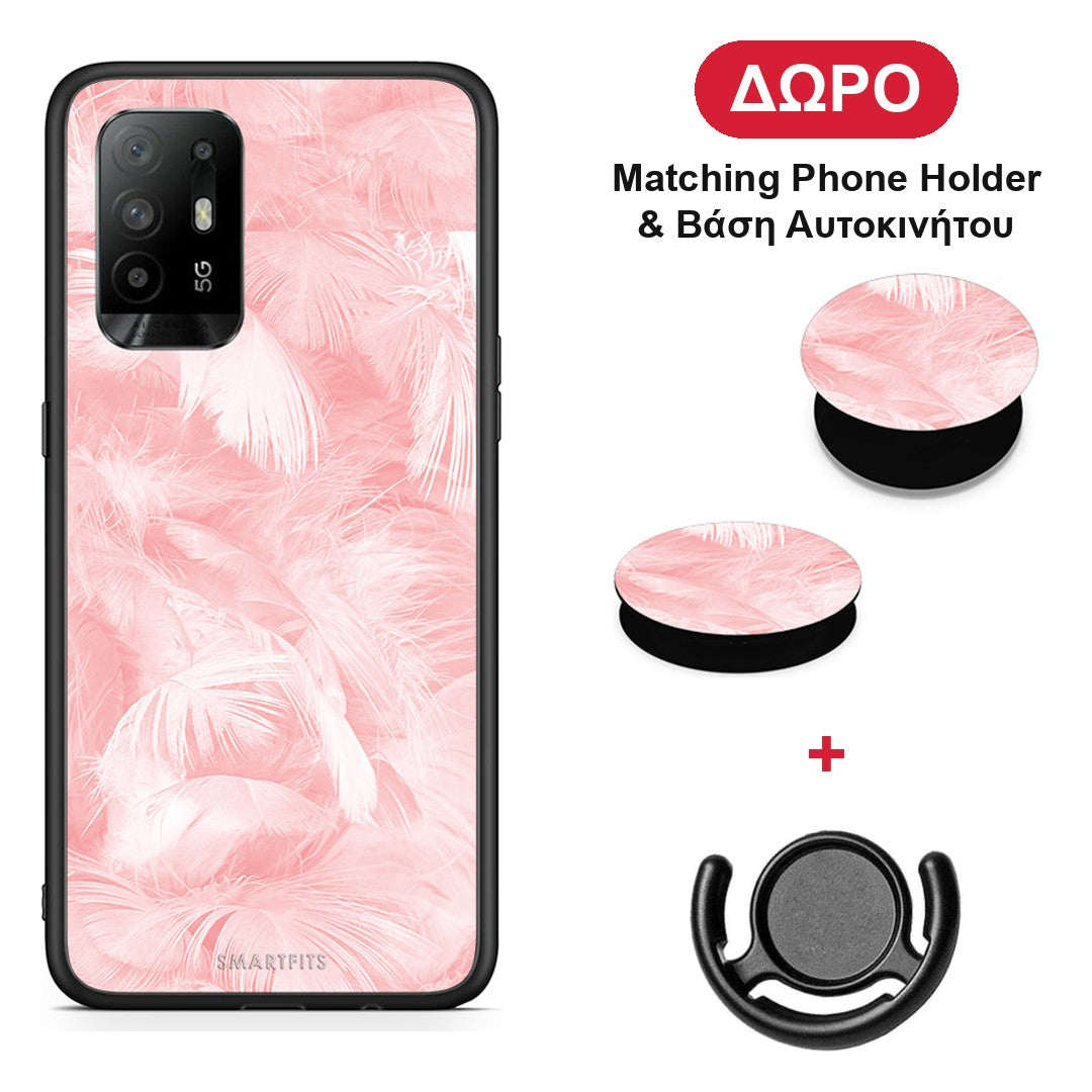 Boho Pink Feather - Oppo A94 5G / F19 Pro / Reno5 Lite θήκη + Δώρο Phone Holder & Βάση Αυτοκινήτου