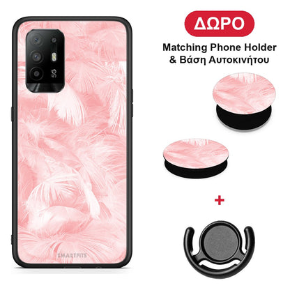Boho Pink Feather - Oppo A94 5G / F19 Pro / Reno5 Lite θήκη + Δώρο Phone Holder & Βάση Αυτοκινήτου