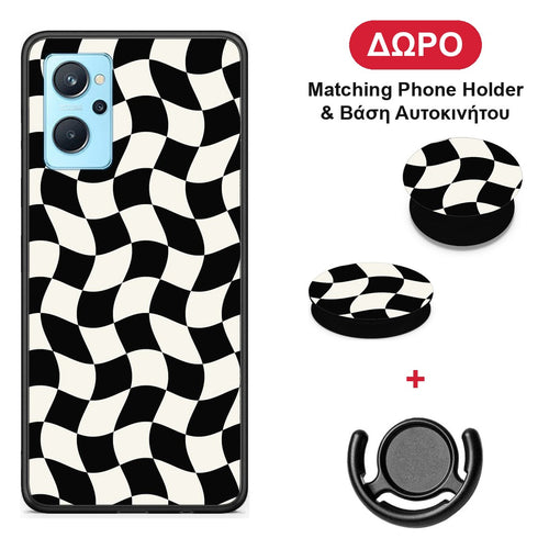 Black and Cream Wavy Checkerboard - Oppo A96 θήκη + Δώρο Phone Holder & Βάση Αυτοκινήτου
