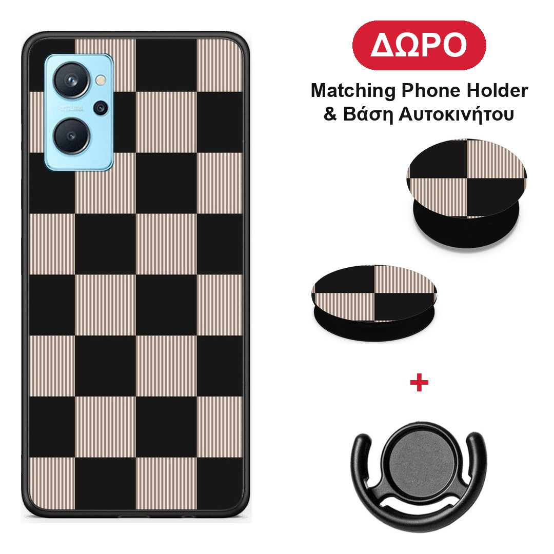 Black and Taupe Striped Checks - Oppo A96 θήκη + Δώρο Phone Holder & Βάση Αυτοκινήτου