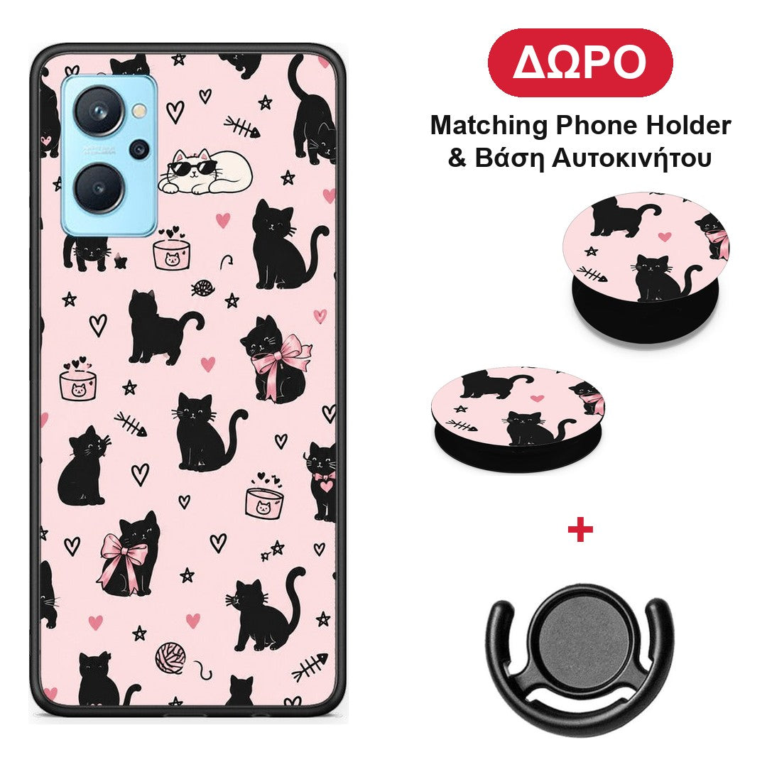 Black Cat Doodles on Pink - Oppo A96 θήκη + Δώρο Phone Holder & Βάση Αυτοκινήτου