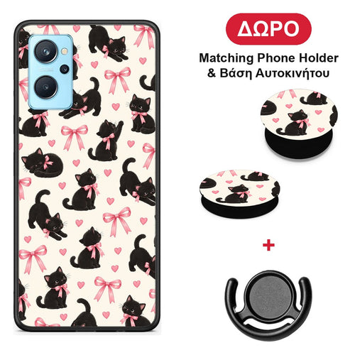 Black Kittens and Pink Bows on Cream Small - Oppo A96 θήκη + Δώρο Phone Holder & Βάση Αυτοκινήτου