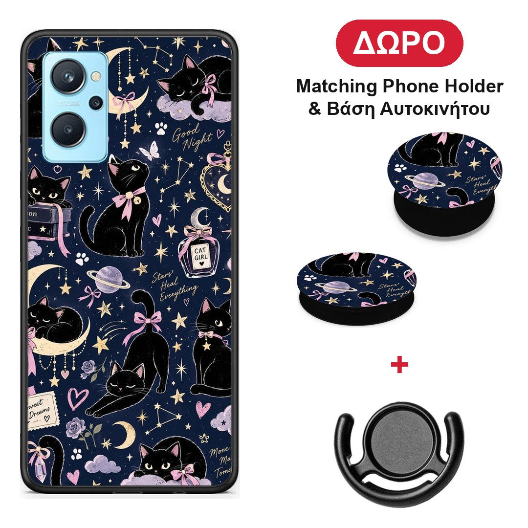 Celestial Black Cats on Navy - Oppo A96 θήκη + Δώρο Phone Holder & Βάση Αυτοκινήτου