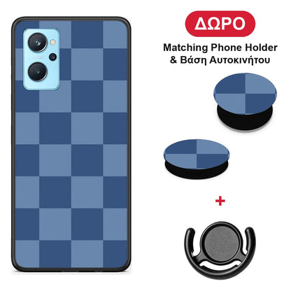 Denim Blue Checkerboard - Oppo A96 θήκη + Δώρο Phone Holder & Βάση Αυτοκινήτου