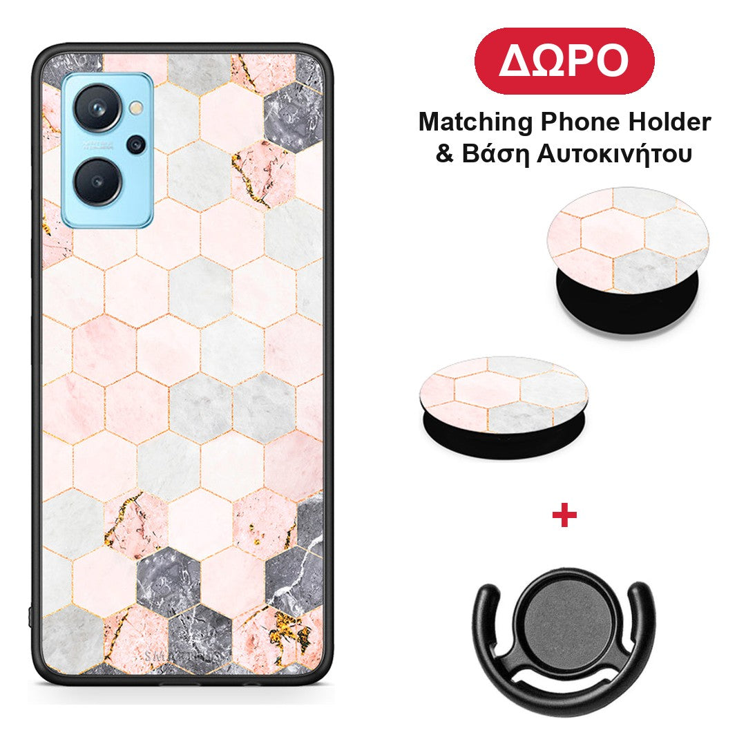 Marble Hexagon Pink - Oppo A96 θήκη + Δώρο Phone Holder & Βάση Αυτοκινήτου