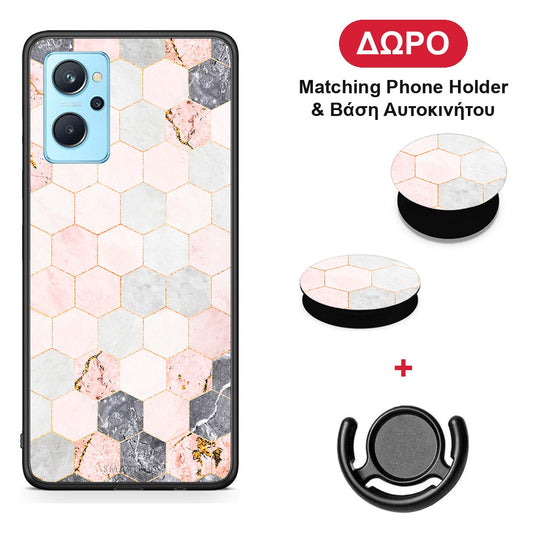 Marble Hexagon Pink - Oppo A96 θήκη + Δώρο Phone Holder & Βάση Αυτοκινήτου