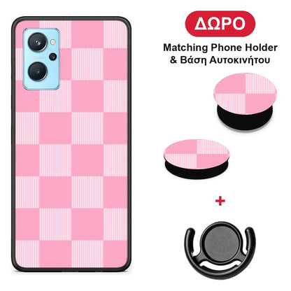 Pink and White Striped Checks - Oppo A96 θήκη + Δώρο Phone Holder & Βάση Αυτοκινήτου