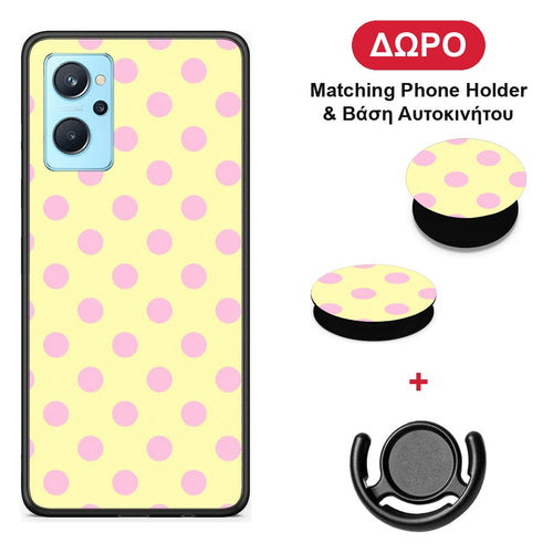 Pink Polka Dots on Yellow - Oppo A96 θήκη + Δώρο Phone Holder & Βάση Αυτοκινήτου