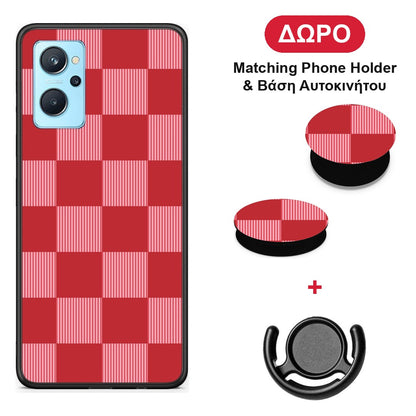 Red and Pink Striped Checks - Oppo A96 θήκη + Δώρο Phone Holder & Βάση Αυτοκινήτου