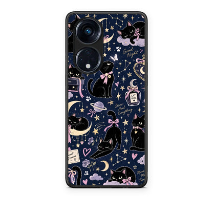 Θήκη Oppo A98 Celestial Black Cats on Navy από τη Smartfits με σχέδιο στο πίσω μέρος και μαύρο περίβλημα | Oppo A98 Celestial Black Cats on Navy case with colorful back and black bezels