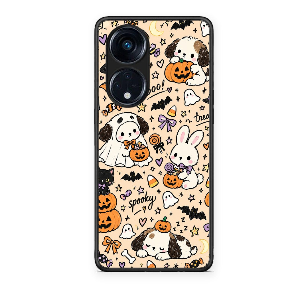 Θήκη Oppo A98 Halloween Puppies and Friends on Cream από τη Smartfits με σχέδιο στο πίσω μέρος και μαύρο περίβλημα | Oppo A98 Halloween Puppies and Friends on Cream case with colorful back and black bezels