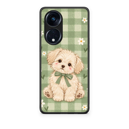 Θήκη Oppo A98 Puppy and Daisies on Sage Gingham από τη Smartfits με σχέδιο στο πίσω μέρος και μαύρο περίβλημα | Oppo A98 Puppy and Daisies on Sage Gingham case with colorful back and black bezels
