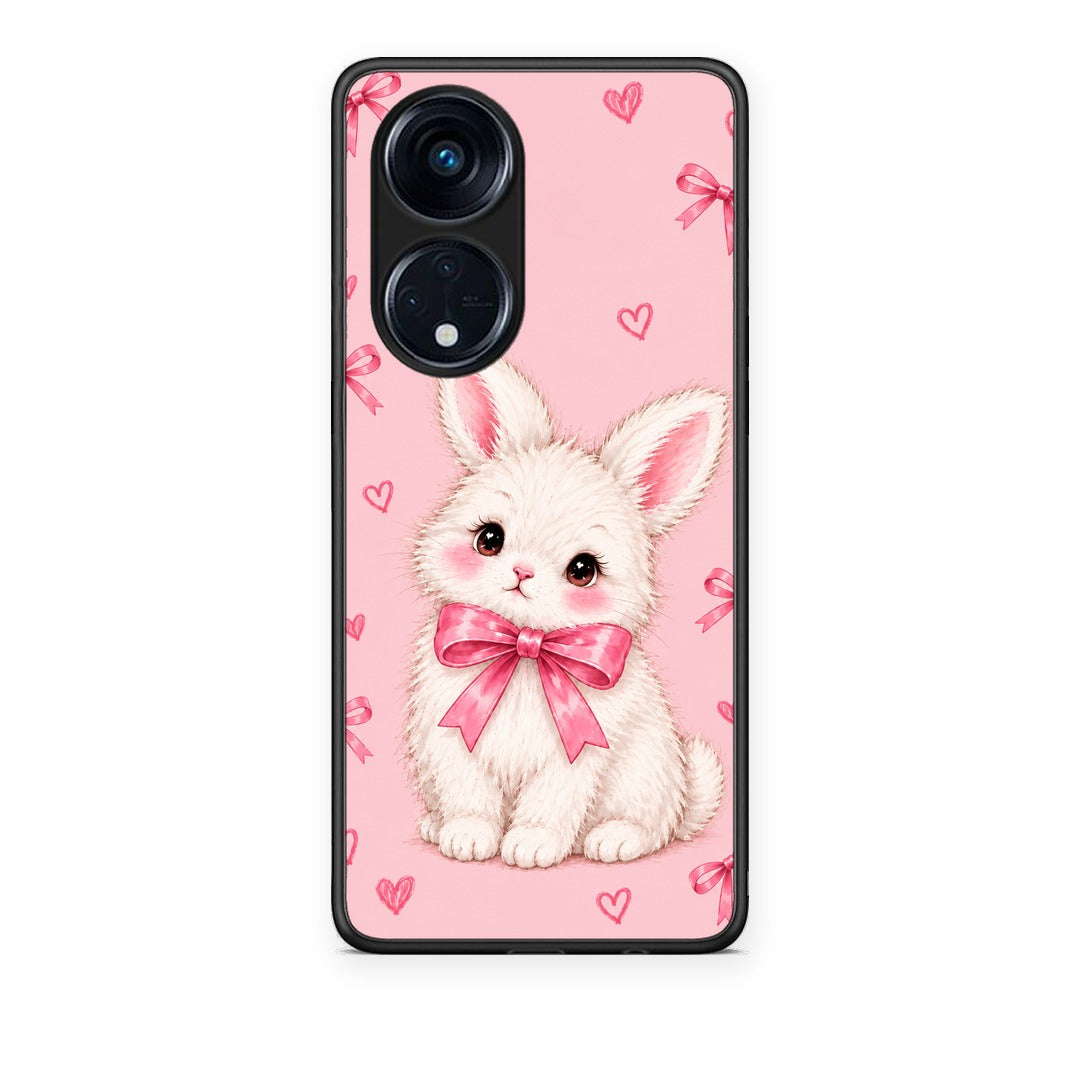 Θήκη Oppo A98 White Bunny and Pink Bows από τη Smartfits με σχέδιο στο πίσω μέρος και μαύρο περίβλημα | Oppo A98 White Bunny and Pink Bows case with colorful back and black bezels
