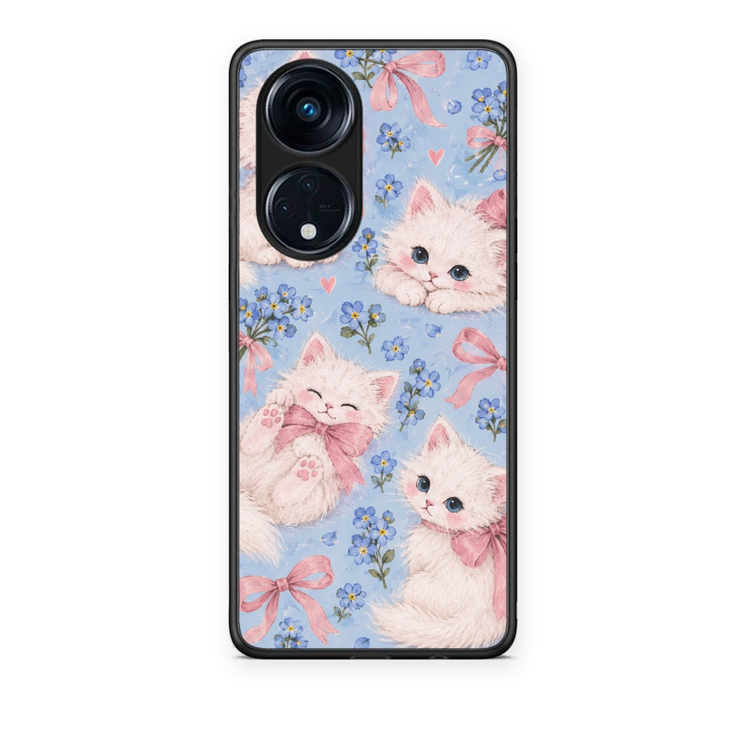 Θήκη Oppo A98 White Kittens and Blue Flowers Large από τη Smartfits με σχέδιο στο πίσω μέρος και μαύρο περίβλημα | Oppo A98 White Kittens and Blue Flowers Large case with colorful back and black bezels