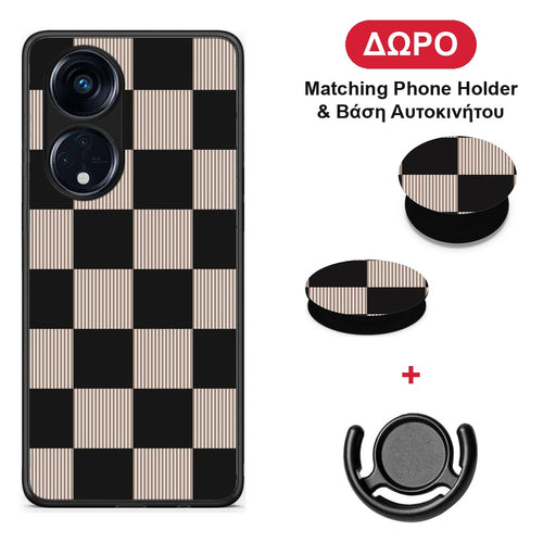 Black and Taupe Striped Checks - Oppo A98 θήκη + Δώρο Phone Holder & Βάση Αυτοκινήτου